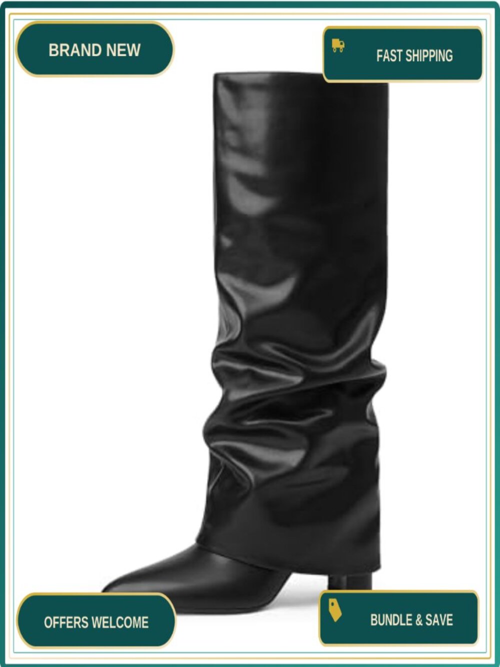 Knee High Fold Over Boots Women Chunky Heel Pointed Toe Faux Leather Zip